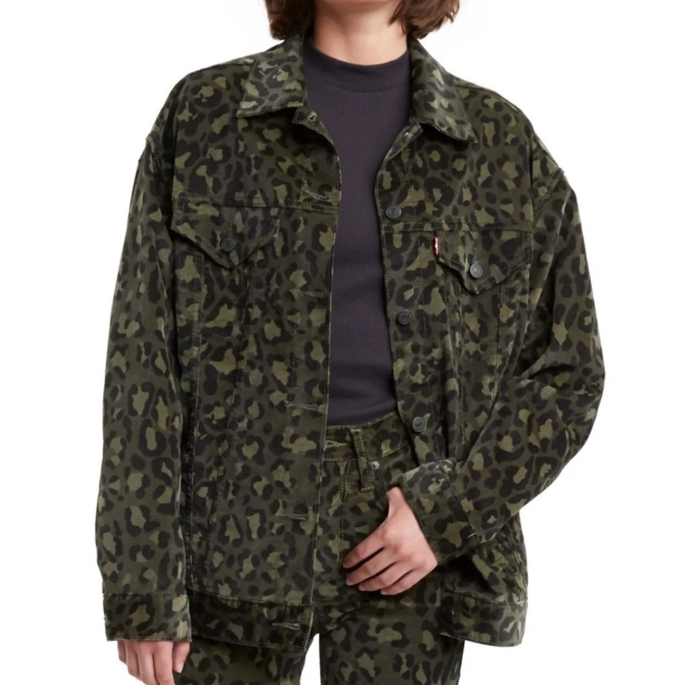 Levi's Trucker Jacket Olive Green Leopard Print Womens Size Large Premium Denim